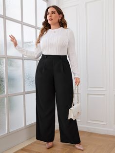 Wide Leg Plazo Outfit, High Waist Wide Leg Trousers Outfit, Black Work Outfit Plus Size, Formal Pants For Plus Size Women, Formal Pants Women Plus Size, Formal Attire Plus Size Women, Semi Casual Plus Size Outfits, Black Trousers Outfit Plus Size, Wide Leg Pants For Plus Size Women