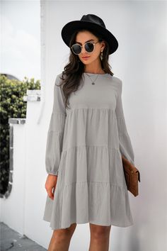 F00066315-203 Lantern Sleeve Dress, Dress Shirt Sleeves, Shirt Dress Casual, Clothes Closet, Necklines For Dresses, Long Puff Sleeves, Mini Dresses Summer, Size Pattern, Tiered Dress