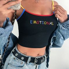 Aesthetic Tops Vintage, Baddie Shirts, Aesthetic Tops, Shirts Outfit, Embroidery Letter, Spaghetti Strap Crop Top, Crop Top Tees, Crop Top And Shorts, Cute Crop Tops