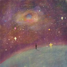 a painting of a person standing on top of a hill looking at the stars in the sky