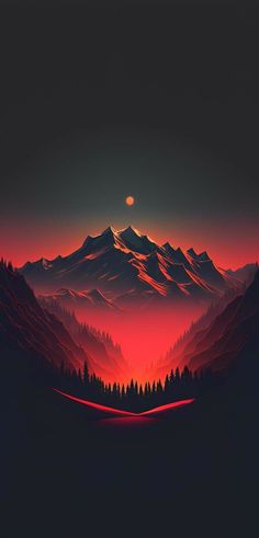 the sun is setting over mountains with trees in the foreground and a red sky