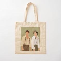 a tote bag with an image of two men in white shirts and suspenders