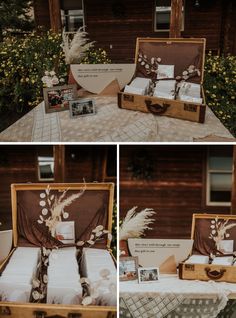 an open suitcase sitting on top of a table next to flowers and pictures in it