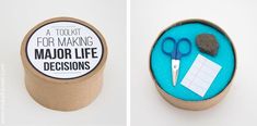 two pictures with scissors and some writing on the inside of a cup that says, a tool kit for making major life decisions