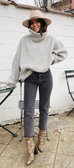 12 Affordable Winter Blogger Style Outfits to Copy Now! Oversized Cowl Neck Sweater Outfit, Gray Jeans Black Boots Outfit, Grey Cowl Neck Sweater Outfit, Fall 2023 Work Fashion Trends, Gray Jeans Fall Outfit, Dark Grey Mom Jeans Outfit, Womens Winter Sweater, Connecticut Style Fashion, Grey Mom Jeans Outfit Winter