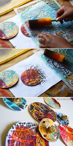 the process of making paper art is being done by someone using different colors and shapes