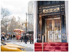 people walking on the sidewalk in front of a building with red steps and yellow taxi cabs