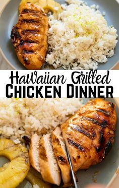 hawaiian grilled chicken dinner with pineapples, bananas and rice on the side