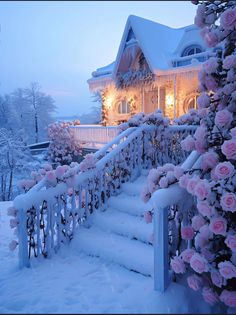 a house covered in snow with pink roses on the front porch and steps leading up to it