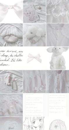 a collage of photos showing the details of a baby's christ gown and teddy bear