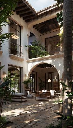 an outdoor courtyard with potted plants and chairs on the patio, surrounded by palm trees