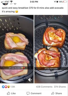 bacon and eggs are being cooked in an air fryer