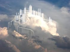 an image of a city in the clouds with skyscrapers on it's sides