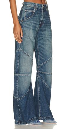 Bowed legAdjustable leg opening with tieSeam detailing at kneesHigh waisted 5-pocket designInseam: 33"Rise: 11" Jeans Models, Vintage Silhouette, Denim Crafts, Blue Dream, Faded Denim, Premium Denim, Denim Fabric, Straight Jeans, The Knee