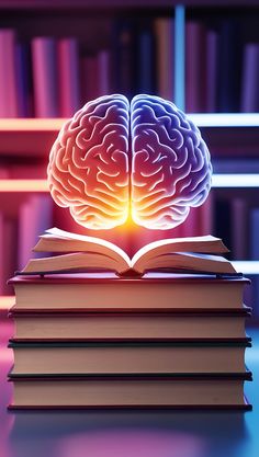 an open book sitting on top of a pile of books next to a lit up brain