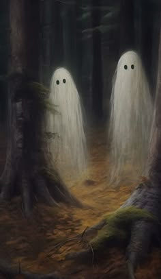 two ghost like figures standing in the middle of a forest