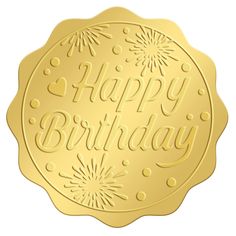 a gold happy birthday badge with fireworks on it