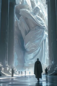 a man standing in front of a giant white piece of art that is covering him