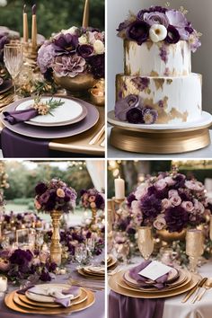 purple and gold wedding decor with flowers, candles, and cake on the table for an elegant reception