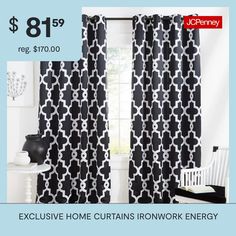 a black and white curtain with the words, $ 81 99 reg $ 70 00 exclusively home curtains ironwork energy efficient