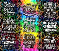 a colorful poster with words on it and some writing in the middle, all written in different colors