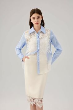 Material: 100% Cotton Casual Lace Blouse With Lace Patchwork, Chic Lace Patchwork Tops For Spring, Casual Long Sleeve Lace Blouse, Elegant Spring Lace Patchwork Top, Spring Formal Lace Patchwork Top, Elegant Lace Patchwork Top For Spring, Spring Collared Blouse With Lace Trim, Spring Button-up Blouse With Lace Collar, Spring Party Blouse With Lace Patchwork