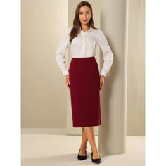 This women's pencil skirt is a stylish and versatile piece of clothing available, designed to flatter every woman's figure with its high waist and sleek silhouette. Crafted with great attention to detail, this skirt is made from a better fabric blend, consisting of a combination of polyester and spandex. The added stretch in the fabric ensures a comfortable fit while still maintaining its shape. The skirt sits comfortably at the natural waistline, accentuating the waist. Elegant Red Pencil Skirt, Red Midi Pencil Skirt For Work, Elegant Red Lined Pencil Skirt, Elegant Red Pencil Mini Skirt, Elegant Red Midi Pencil Skirt, Red Lined Pencil Skirt For Office, Chic Red Pencil Skirt For Office, Red Pencil Skirt For Office, Office Red Pencil Skirt