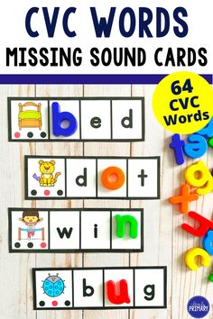 the cvc words missing sound cards are displayed on a wooden table with colorful letters