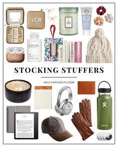 the words stocking stuff is surrounded by various items