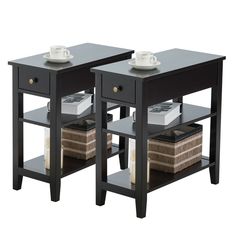 two black tables with baskets under them