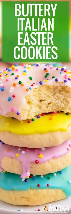 a close up of a doughnut with icing and sprinkles on it