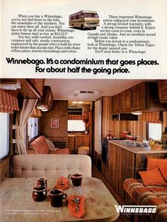 an advertisement for the winnebog motorhome featuring a living room and kitchen