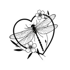 a heart with flowers and a dragonfly on it