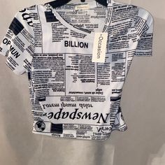 Newspaper Print White And Black Tshirt Size Large White Printed Crop Top, Newspaper Print Outfit, Newspaper Shirt, Newspaper Top, White Graphic Crop Top, News Paper Print Design Dress, White Logo Print Crop Top, Newspaper Print Top, Newspaper Print Corset Top