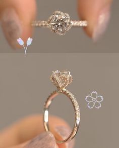 two different views of a diamond ring being held up by someone's hand with their fingers