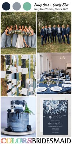 a collage of photos with blue and grey wedding colors