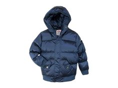 Appaman Kids Puffy Down Insulated Coat (Toddler/Little Kids/Big Kids) - Boy's Clothing : Navy Blue : Get the Appaman Kids Puffy Down Insulated Coat and protect your little one in the harsh weather. Attached hood and long sleeves with ribbed cuffs. Center-front zippered closure with a snap-button flap. Two hand pockets for added style. Ribbed hemline. Shell: 59% polyester, 41% nylon, Lining/hood fill: 100% polyester, Body fill: 80% duck down, 20% feathers. Machine wash, tumble dry. Imported. Insulated Long Sleeve Hooded Jacket For Cold Weather, Insulated Hooded Jacket For Cold Weather, Navy Hooded Jacket With Ribbed Cuffs For Winter, Casual Hooded Insulated Puffer Jacket, Casual Insulated Hooded Puffer Jacket, Casual Hooded Puffer Jacket With Ribbed Cuffs, Navy Hooded Outerwear With Ribbed Cuffs, Outdoor Long Sleeve Puffer Jacket With Ribbed Cuffs, Solid Color Puffer Jacket With Ribbed Cuffs