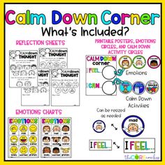 a poster with the words calm down corner and what's included in each section