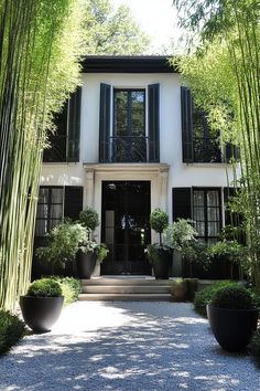 a white house with black shutters and large potted plants