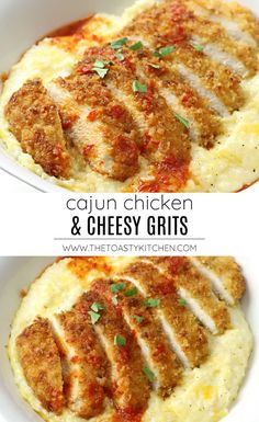 two pictures of chicken and cheesy grits in a white bowl