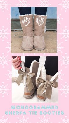 Monogrammed Sherpa Tie Boots from Marleylilly let you step out in style no matter what the weather brings! With a cozy Sherpa lining and adorable tie at the back for adjustable fit, you’ll be comfy and warm at tailgate parties, carol-singing walks or routine errand runs around town. Winter Boots With Bow And Round Toe, Cute Brown Winter Boots, Sherpa Boots, Tie Boots, Tailgate Parties, Marley Lilly, Tailgate Party, Tis The Season, Say Hello