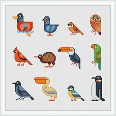 cross stitch pattern with different types of birds