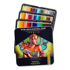 colored pencils in tin with case and sharpener on white background, including the color pencils