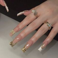 Virgo Birthday Nails, Gold Nail Set, Blinged Out Nails, Gold Acrylic Nails, Tapered Square Nails, Acrylic Toe Nails, Girly Acrylic Nails, French Tip Acrylic Nails, Classy Acrylic Nails