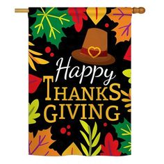 a happy thanksgiving garden flag with the words happy thanks giving on it and an autumn theme