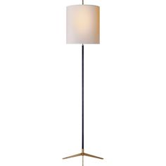 a floor lamp with a white shade on the top and a gold metal pole underneath it