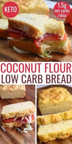 coconut flour low carb bread is cut in half and placed on a cutting board