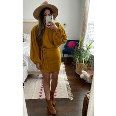 Slip Into This Super Comfortable Sweater Dress This Season To Stay Warm And Trendy! Pair With A Pair Of Booties And A Hat For The Ultimate Look. S (2-6) M (8-10) L (12-16) Mustard Dress For Fall Brunch, Mustard Dresses For Fall Brunch, Belted Mini Dress For Brunch In Fall, Belted Mini Dress For Fall Brunch, Fall Brunch Mini Dress With Belt, Yellow Sweater Dress, Beige Silk Dress, Roland Mouret Dress, Mustard Yellow Sweater