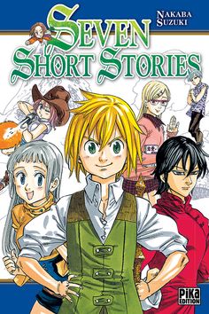 an anime book cover with two young men and one woman standing in front of them