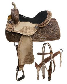 a brown and black horse saddle with two boots on it's back, and a white background